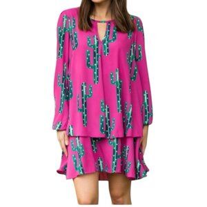Izzy & Lola Pink Cactus Print Keyhole Neck Long Sleeve Flowly Boho Dress Medium